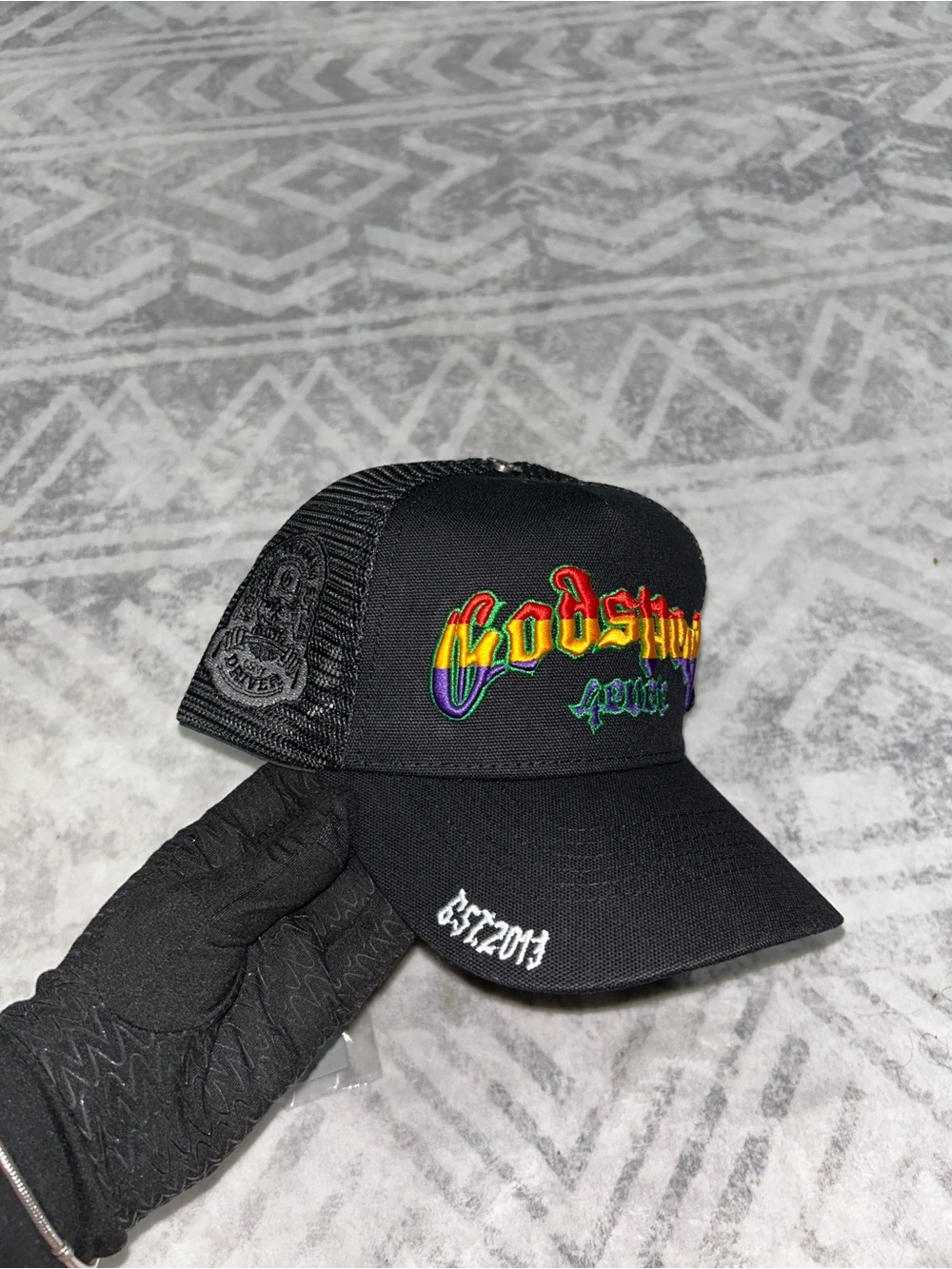 Godspeed Black Trucker Hat with Rainbow Embroidery